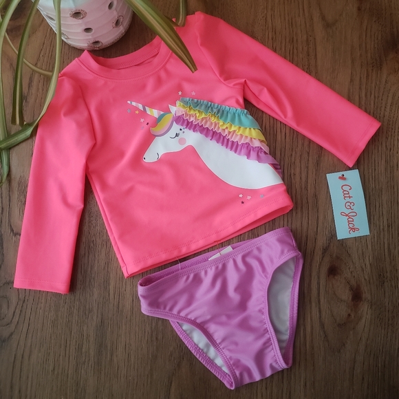 Cat & Jack Pink Unicorn Ruffle Rashguard Swim Set - Picture 1 of 7
